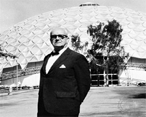 Images of Buckminster Fuller standing next to a dome and examining a dome model.